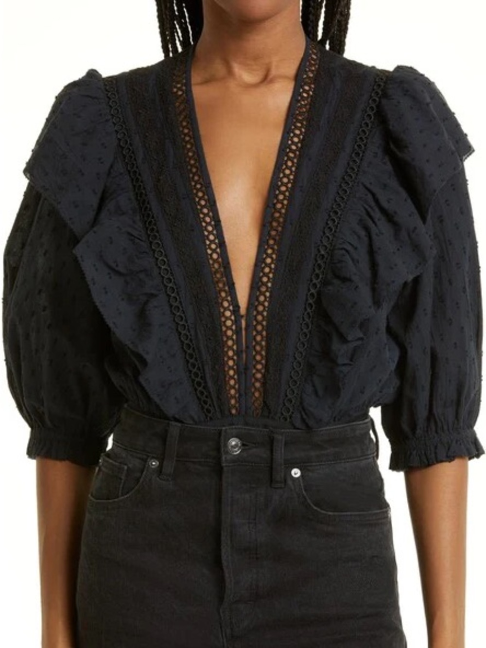 Farm Rio Black Plunge Neckline Ruffle Bodysuit – Size M